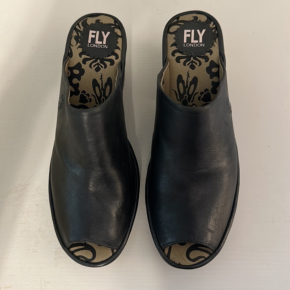 Black Fly London leather wedge mules size 40